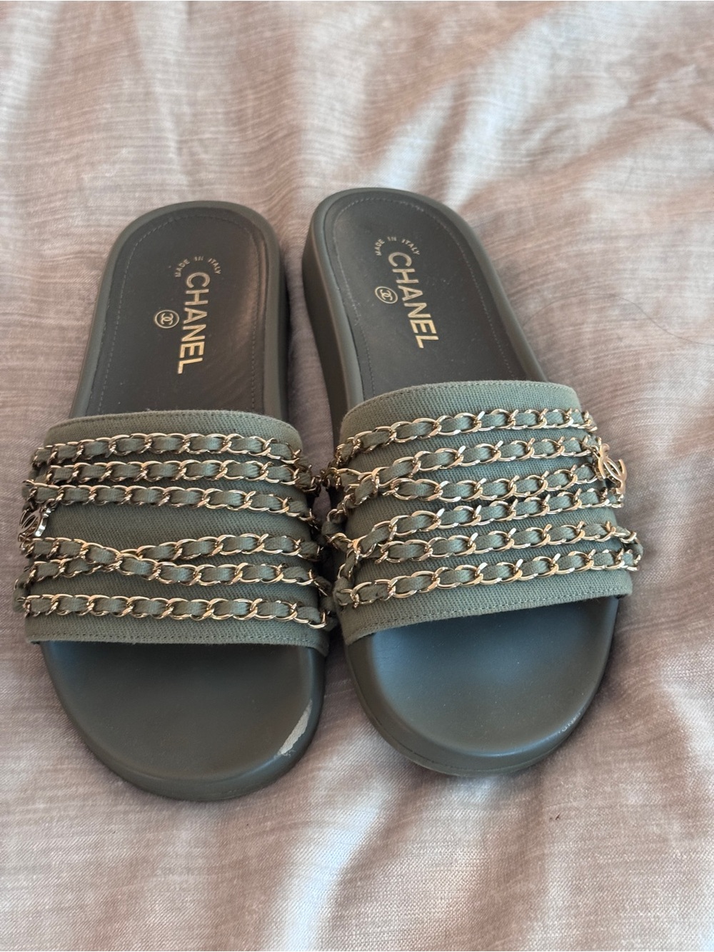 CHANEL Olive Green Slide Sandals with Gold Chain Trim